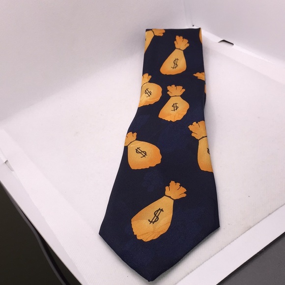 Money Bags Cash Coins Bank Financial Men’s Tie Nay Blue Orange - Picture 5 of 6